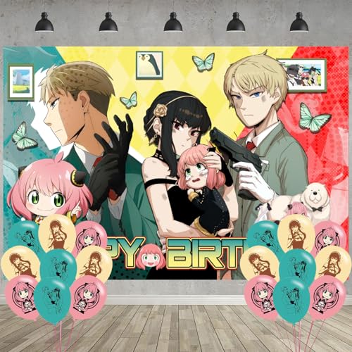 Spy Family Birthday Party Decoration,Anime Party Photo Background 5 x 3 FT and 18 Pcs Balloon,Anime Merch Party Backdrop Supplies by ELZEM - Used condition - US$6.38