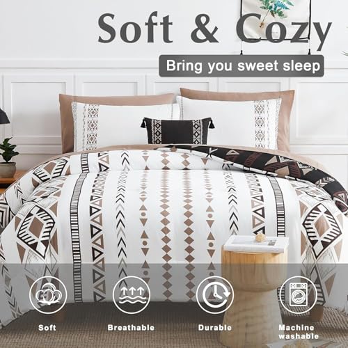 Image of Geniospin Super King Plus Size Comforter Set- 7 Pieces Boho Bed in a Bag, Western Bedding Set for All Seasons, Reversible Aztec Bedding, Lightweight Comforter Bed Set with Sheets, Pillowcases & Shams