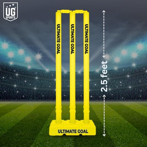 Image of UG Sports Strong Plastic Cricket Stumps Set with Base & Bails | Durable, Portable & Ideal Wickets for Practice, Match, and Training (Yellow)