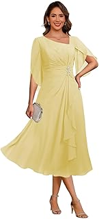 Asymmetrical Neck Mother of The Bride Dresses for Wedding Chiffon 3/4 Flutter Sleeve Beaded Formal Evening Gown PU268 - Buy now