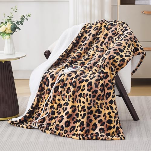PTQ Electric Blanket Twin Size - Reversible Sherpa & Flannel 62 84 Heated Throw Blanket with 6 Heat Settings & 1-12H Timer Machine Washable Warm Gift for Women Leopard