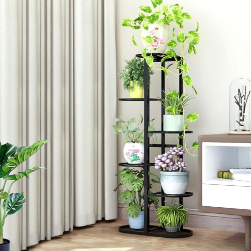 Image of Multi-Tiered Plant Stand for Balcony & Living Room | 6 Tier 7 Pot Holder Metal Planter Stand | Indoor Outdoor Flower Pot Rack | Decorative Iron Plant Stand for Home Garden & Balcony Decor (Black)