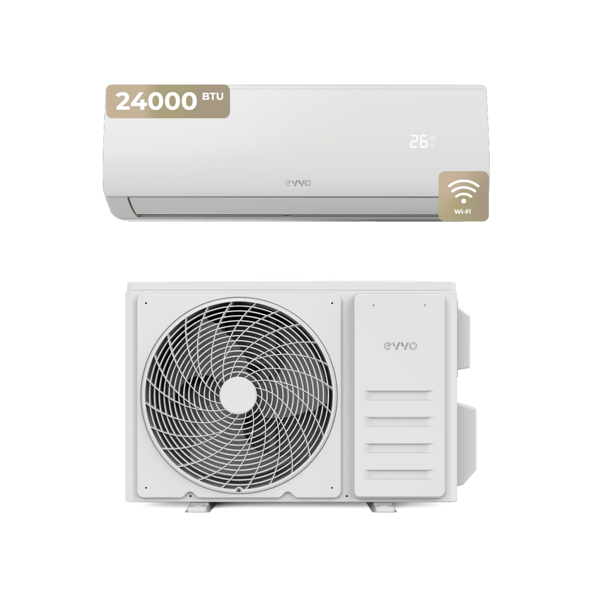 EVVO CLIMA Aire Acondicionado Slipt, Refrigeración y Calefacción, Hasta 45 m2, Inverter, Bomba de Calor, Mando a Distancia, Clase A++/​A+, Deshumidificador, R32 (24.000 BTU)