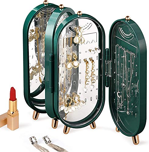 Small Earring Holder Stand, 4 Tiers Earring Organizer Box Foldable, Earring Display Earring Storage with Mirror, Necklace Holder,153 Holes For Dangle Earrings &21 Grooves for Necklaces,Jewelry Organizer Gifts for Girls