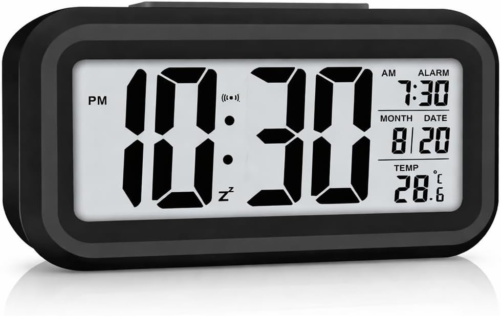 Smart Digital Alarm Clock with Auto Light Sensor, Date & Temperature Display – Compact Desk Clock for Home, Office & Bedroom,Living Room,Home Decor, Corporate Use (Black)