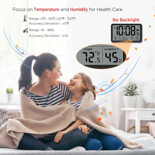Image of WallarGe Digital Wall Clock, Autoset Desk Clocks with Temperature, Humidity and Date, Battery Operated Digital Wall Clock Large Display, 8 Time Zone, Auto DST. (Black)