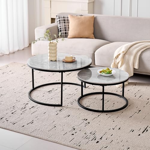 GrandCA HOME Ensemble de 2 Tables Basses Rondes, Tables Gigognes de Salon Modernes, Structure en Métal Noir, 50 cm et 70 cm, en Marbre Gris et Pierre Frittée
