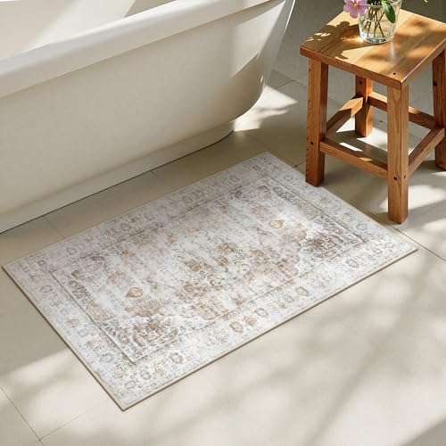 Uphome Boho Bathroom Rugs, Distressed Farmhouse Light Khaki Bath Mat, Comfy Velvet Small Bath Rugs Non Slip Washable, Vintage Oriental Toilet Rug for Sink Shower Vanity, 20x32 inch by Uphome - Used condition - US$25.75