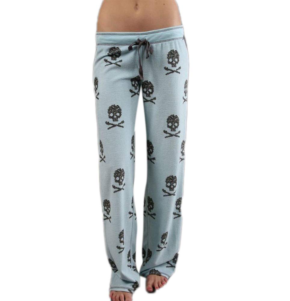 Keepmore Women's Light Blue Comfy Casual Pajama Pants Skull Print Drawstring Palazzo Lounge Pants Wide Leg