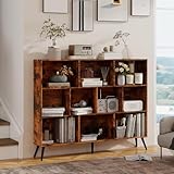 GarveeHome 10-Cube Storage Shelf Bookcase, Wooden 3-Tier Floor Standing Open Bookshelf for Home and Office, Living Room, Bedroom, Display Cabinet with 5 Iron Legs, Brown