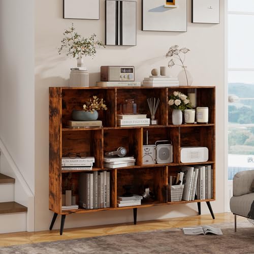 GarveeHome Wooden 3-Tier Open Shelf Bookcase, 10 Cubes Bookshelf, Freestanding Book Shelf Storage Organizer with 5 Iron Legs for Home Office, Living Room, Bedroom, Brown
