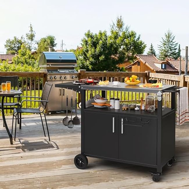 Shintenchi Outdoor Grill Cart Table with Stainless Steel Top for Kitchen Prep and BBQ, Outdoor Kitchen Island Table with Side Handle, Multifunctional Outdoor Grill Table, Black-6VN4b3FV