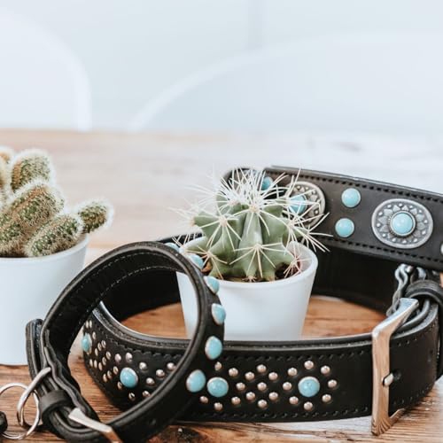 HUNTER SIOUX Hundehalsband, Leder, indianischer Stil, mit Schmucksteinen, 60 (M-L), schwarz