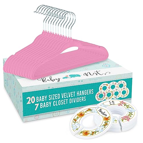 Image of Baby Nest Designs 20x Baby Hangers for Closet with 7X Baby Closet Dividers for Nursery Velvet Baby Clothes Hangers Unisex Newborn Essentials Baby Size Organizer for Infant Clothing to 24 Months