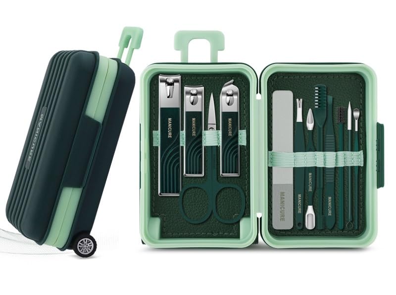 Ginoya Brothers Manicure Set Professional Women 12 Pcs Clippers Set Grooming kit Nail Care Tools Rose Gold Stainless Steel Pedicure Set Gift for Women with Case for Travel, Home. (OLIVE GREEN)-image-9
