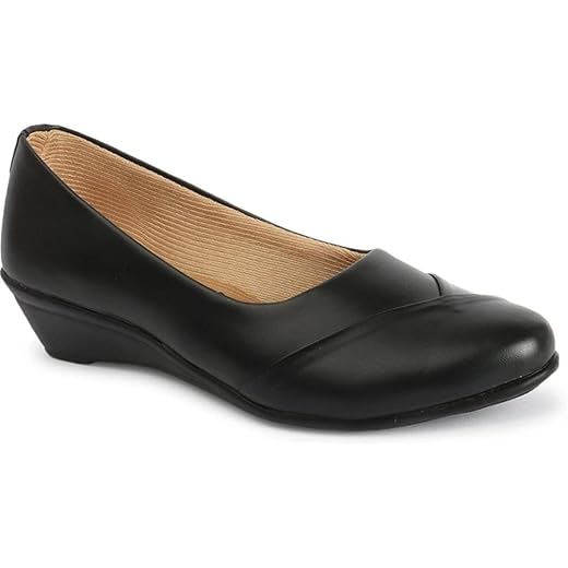 BBBRANDSBUCKET Women's Black Wedge Heel Formal Shoes – Comfortable Slip-On PU Leather Office Footwear with Cushioned Insole & Closed Toe Design