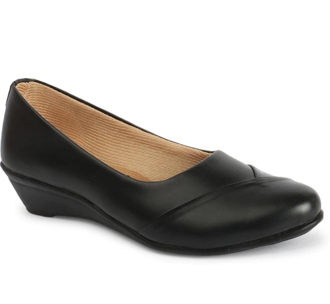 Women's Black Wedge Heel Formal Shoes – Comfortable Slip-On PU Leather Office Footwear with Cushioned Insole & Closed Toe Design