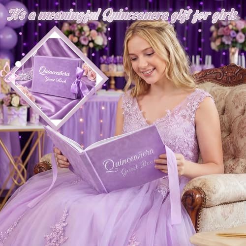 Image of Panelee Velvet Quinceanera Guest Book with Pen Purple Sign in with Bow 15 Year Anos Quince Book 144 Page Signature Guest Sign in Keepsake Album for Birthday Party Keepsake Gift