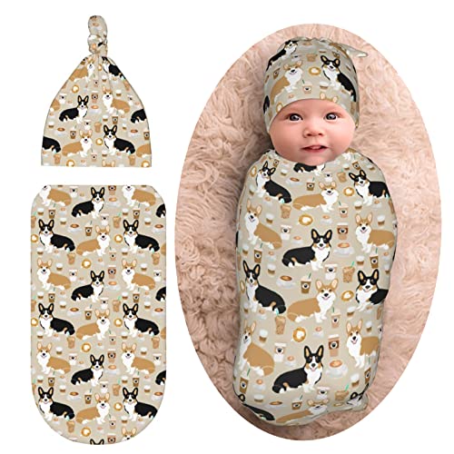 Image of Corgi Newborn Swaddle Blanket with Hat Set Baby Stuff Receiving Blankets Soft Transition Sleep Sacks Gifts for Infant Boys Girls