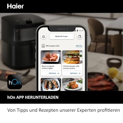 Haier Air Fryer XXL I-Master Serie 5 Friteuse Sans Huile, Capacite 7L jusqu'à 6 personnes, Fenêtre de Contrôle, Cuisson à l'Air Chaud,Rôtissage,Gril, Cuisson Lente, Décongélation, Yaourt, Noir