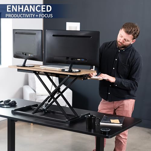 Image of VIVO 36 inch Desk Converter, K Series, Height Adjustable Sit to Stand Riser, Dual Monitor and Laptop Workstation with Wide Keyboard Tray, Reclaimed Wood Top, Black Frame, DESK-V036KP