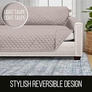 Sofa shield loveseat slip cover with patented strap cushion protector reversible stain and dog tear resistant slipcover quilted microfiber 54 seat washable covers for dogs pets kids light taupe  urban country home decor