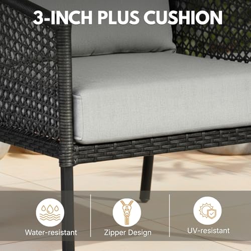 Image of DEVOKO Furniture 3-Piece Patio Set Elegant Black Wicker Design and Gray Cushions for Comfortable Outdoor Living