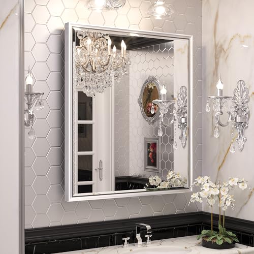 Image of Keonjinn 24 inch x 30 inch Medicine Cabinets with Mirror for Bathroom, Silver Recessed or Surface Wall-Mounted Aluminum Alloy Framed Beveled Mirror, Farmhouse Bathroom Mirror with Storage Cabinet
