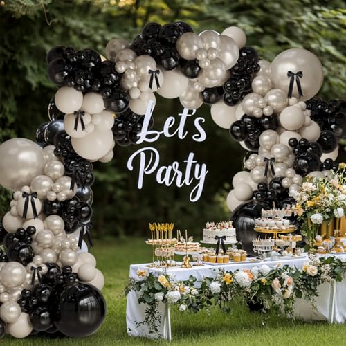Image of Black and White Champagne Bow Balloon Arch Kit Double-stuffed Pearl Beige Cream Balloons for 2025 Graduation, Prom, Martini Birthday,Bridal Shower, Wedding,Coquette Bride Party Decorations