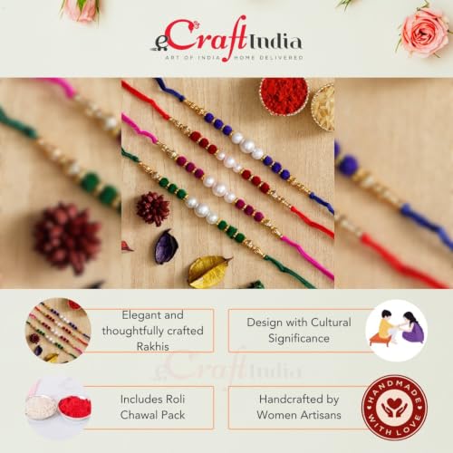 Image of eCraftIndia Multicolor Set of 4 Radha Krishna Playing Flute, Peacock, Krishna Flute, Peacock Feather Designer Religious Rakhis with Roli Chawal Pack