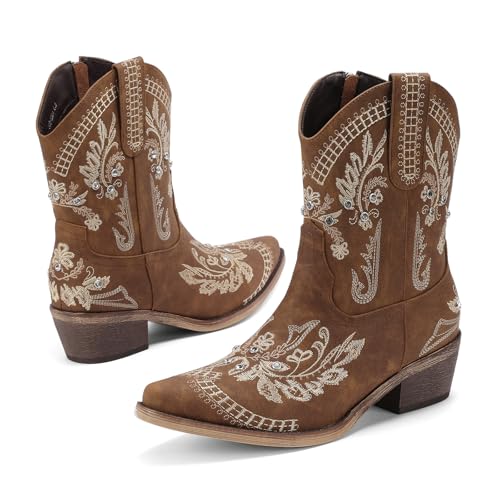 Image of Rhinestone Ankle Cowboy Boots for Women Embroidered Short Cowgirl Boots with Low Heel Side Zipper Comfortable Chunky Heel Western Booties for Prom Party Wedding Pull On Shoes
