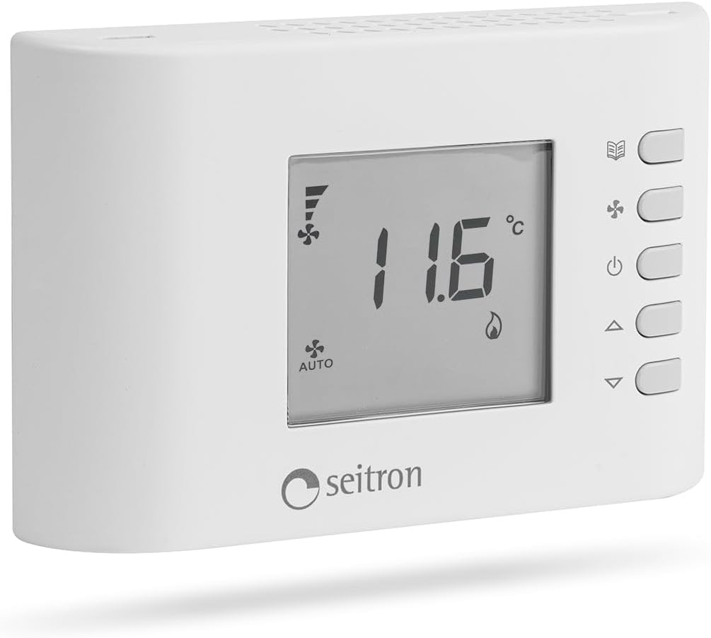 Close-up of the Seitron TFF01M thermostat display and control buttons. The display shows '11.6 °C' and icons for fan, auto mode, and heating.