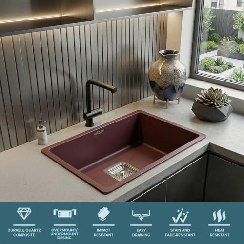 Image of ARQUIN Quartz Sink 24x18x9 Inch Brown | Single Bowl Sink | Durable & Scratch-Resistant | Undermount /Topmount Including Coupling, Waste Pipe & Fruit Washing Basket