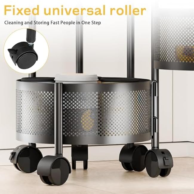 Fruit Vegetable Basket for Kitchen, Rotating Storage Rack, Upgraded Rolling Cart with top lid, Magnetic Design Detachable and Washable Kitchen Storage Cart Potatoes Storage Round Black 3 Tiers-WFKqLyVa
