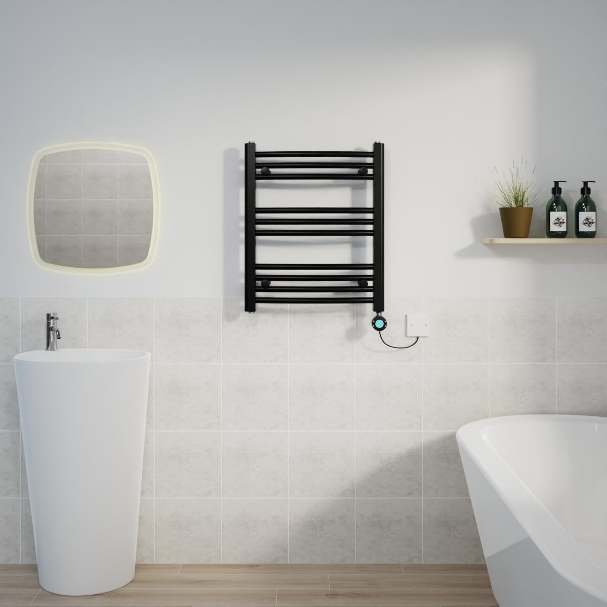 Warmehaus Electric Heated Towel Rail Curved Black Thermostatic Bathroom Towel Radiator with Timer Prefilled - 600x500mm 400W