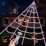 16.4 Ft Halloween Spider Webs Lights Decorations 250 Purple & Orange LED Lights with 40 Small Spiders, Halloween Giant Spiderweb Lights Outdoor Decor for Yard Haunted House Party