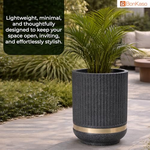 Image of BonKaso 14 Inch Tower Plant Pot for Indoor & Outdoor | Modern Lightweight Polymer Planter | Weather, UV & Frost Resistant | Ideal for Living Room, Balcony, Office & Nursery (Dark Grey)