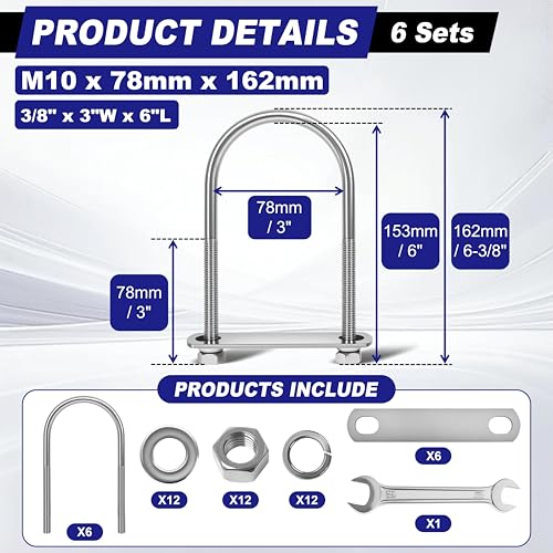 Image of 6 Sets M10 U Bolts 3 Inch Wide, 3 /8 inch x 3 inchW x 6 inch L | 304 Stainless Steel U Bolt Heavy Duty for boat trailer with Nuts, Bolt Plate and Washers,3 /8 u bolt 3 inch,Metric bolts