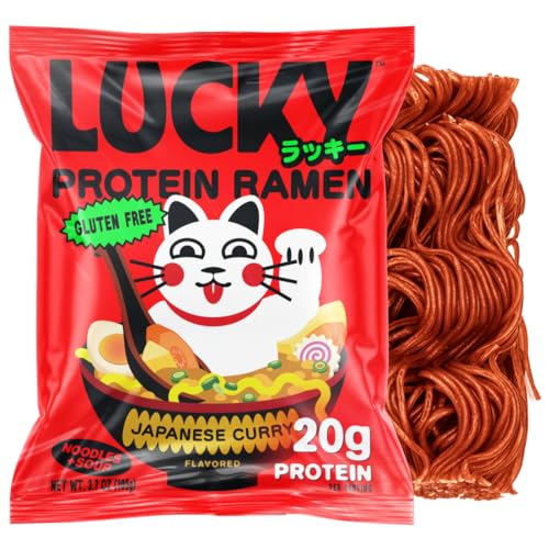 Lucky High Protein, Gluten Free Ramen Noodles, Japanese Curry Flavor | 20g Protein | No MSG, Air Dried, Vegan, Reduced Sodium, Healthy, Vegetarian | Rice Ramen + Soup | Instant, Ready in 8 Minutes | 6-Pack