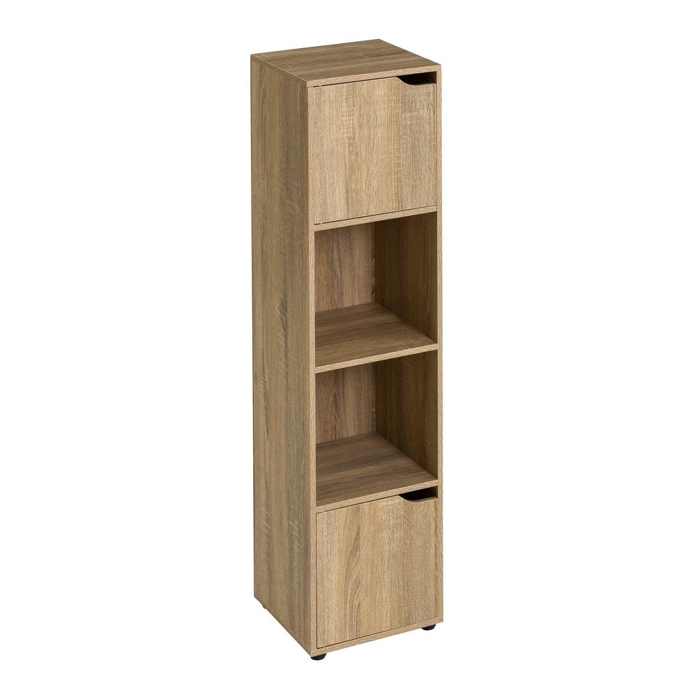 LOLAhome Estantería de Madera, Librería con Puertas y Compartimentos Abiertos, Mueble almacenaje, Organizador, en Color Natural de 119x29x30 cm para para Estudio, Dormitorio, Salon, Oficina