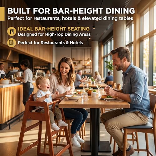 Image of Mahogany Wooden Bar Height Restaurant High Chair - Stackable Rubberwood Dining Chair for Bar Height Tables, Easy-Clean Finish, Commercial Restaurant Seating