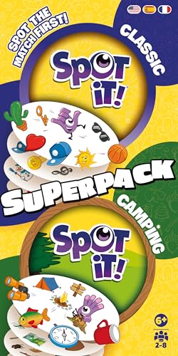 Image of Asmodee Spot It! Super Pack (2024 Refresh) Eco Big Box - Includes Classic and Camping Editions, Family Card Game Bundle for Quick Reflexes, Ages 6+, 2-8 Players, 10 Minute Playtime