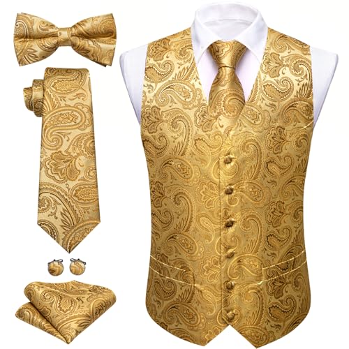 Image of Barry.Wang Men's Suit Vest Tie Bowtie Set Formal Silk Paisley Waistcoat Hanky Cufflinks Lapel Pin Set Wedding Party 7PCS