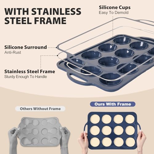 SUPER KITCHEN 2Pack 12 Cup Regular Size Silicone Muffin Trays with Metal Frame, Silicone Cupcake Tray with Handle, NonStick Yorkshire Pudding Tray, Silicon Muffin Moulds for Baking, Muffin Tins, Grey - Image 4
