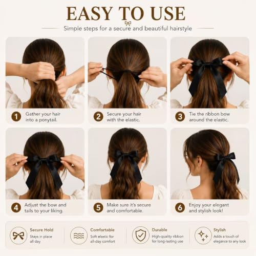 12PCS Silky Satin Hair Bows Ties for Girls, Anti-Fraying Bowknot Ribbon Ponytail Holders for Bubble Braids, Black and White No Damage Stretchy Elastic Hair Bands Hair Accessories for School Party — view 4