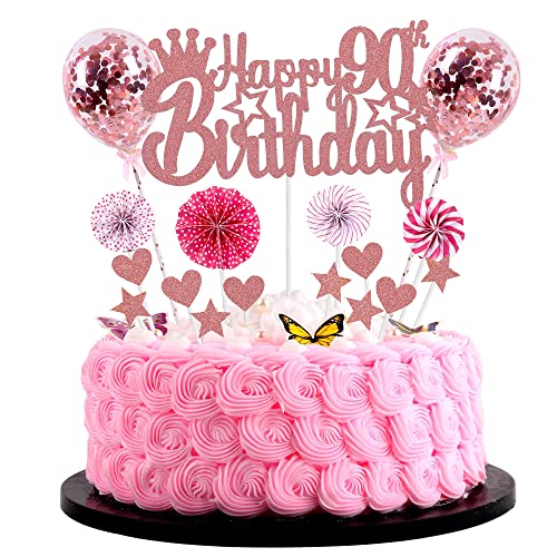 Jrzyhi Happy 90th Birthday Tortendeko frau 90 Geburtstag Hello 90 Cake Topper Rosegold Kuchen Topper 90 Kuchen Deko 90 Geburtstag mann Tortendeko 90 Jahre frau Glitter Cake Topper für 90 Geburtstag