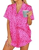 HOTOUCH Womens Silk Satin Set Two-Piece Button Down Short Sleeve Sleepwear Pajamas Hot Pink Loepard, Medium