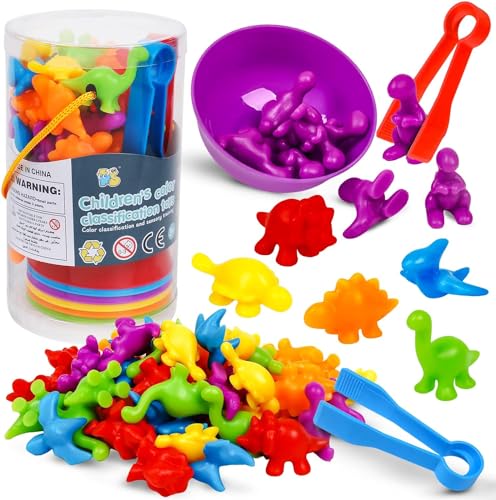 Image of Counting Dinosaurs Game Color Sorting Toys with Bowls Montessori STEM Sensory Training Early Educational Preschool Learning Toy Gift for Toddlers Kids Ages 3 4 5 6 (Dinosaurs)