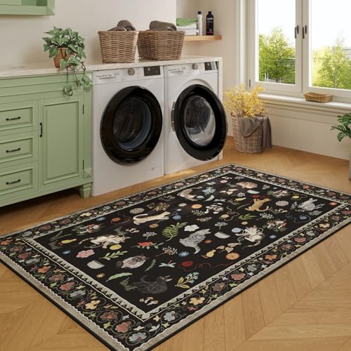 Area Rug 4x6 Rug Washable Boho Rugs Non Slip Low Pile Floral Animal Cat Small Carpet for Bedroom Bedside Kids Room Office Dining Room, Black