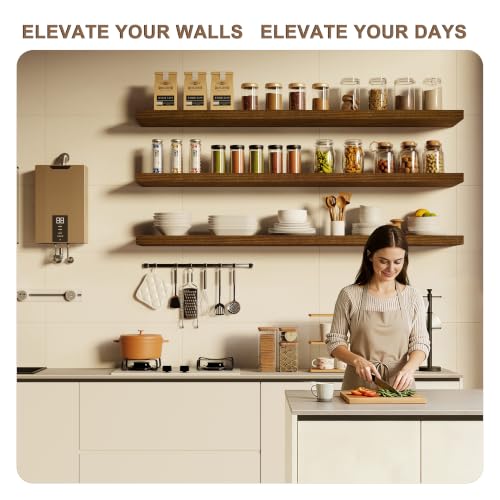Image of 48-Inch Floating Shelves, Set of 3, 12-Inch Deep Extra-Thick Solid Paulownia Wood Wall Shelves, Heavy Duty Storage Ledges for Kitchen, Living Room, Bedroom & Bathroom, Walnut